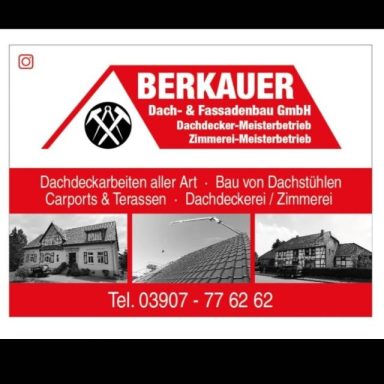 Logo der Firma Berkauer mit Kontaktinformationen und Dienstleistungen im Bauwesen.