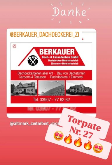 Logo von Berkauer Dachdecker mit Kontaktinformationen auf rosa Hintergrund.